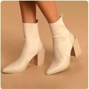 Women's Cream Pointed Toe Block Heel Sock Boot